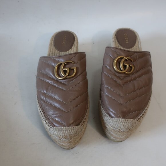 Authentic Gucci Marmont Taupe Leather GG Espadrille Flat Platform Mule 39 US/8.5 - Picture 3 of 14